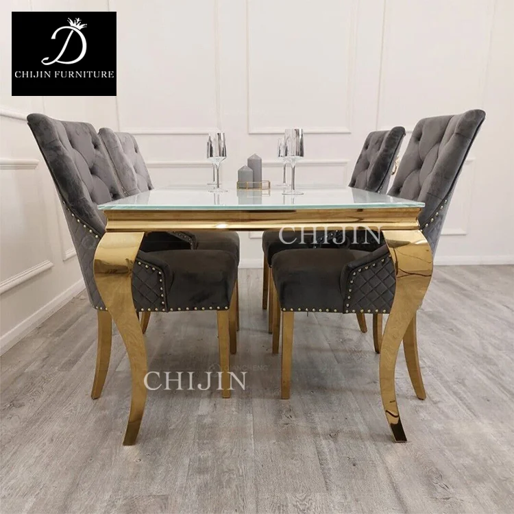 Modern Light Luxury Kitchen Table Set 6 Chairs Stainless Steel Base Glass Wooden Dining Furniture Restaurant Wedding Living Room