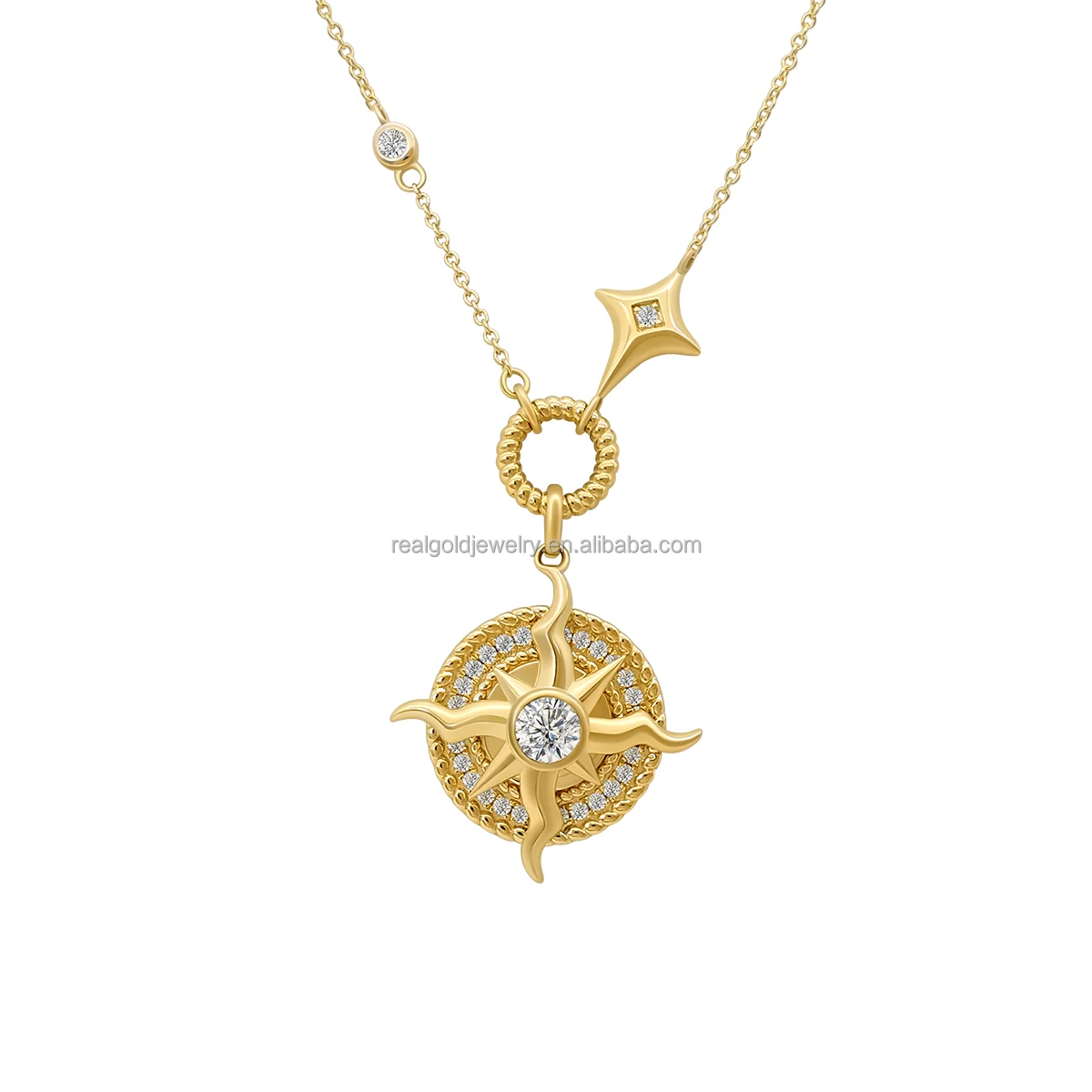 Au585 14K Yellow Gold Star Design Link Chain Pendant Necklace Woman Fine Jewelry Necklace Jewelry Birthday Wedding Gift