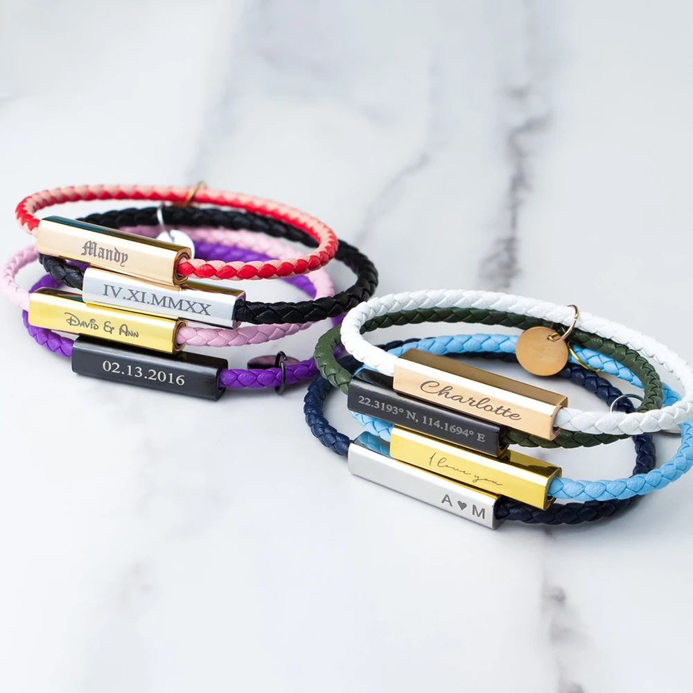 Personalized Diy Jewelry Stainless Steel Blank Bar Woven Braided Rope Custom Logo Leather Couple Bracelets