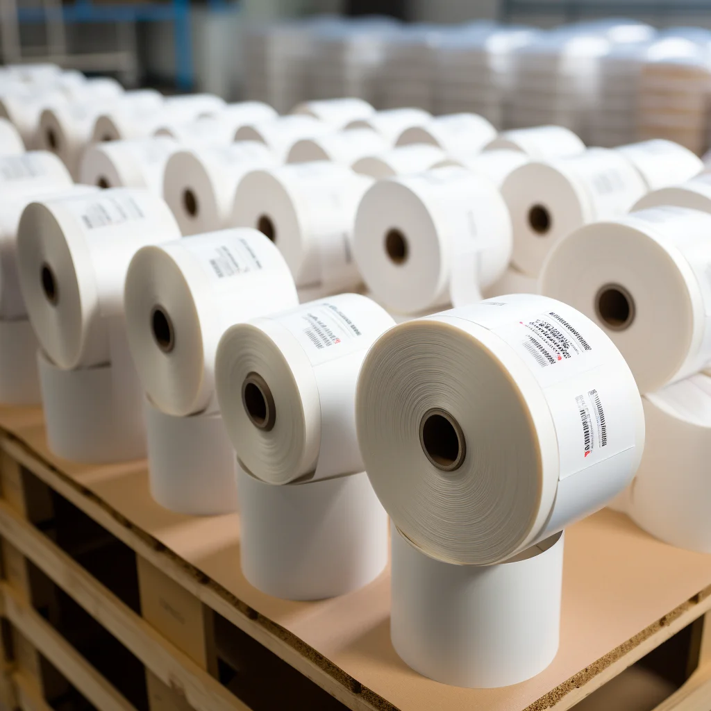 60# White BOPP Jumbo label roll 60mic glossy White PP with Frozen adhesive 60g White Glassine paper