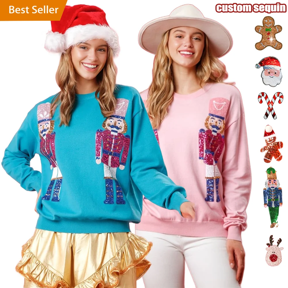 Lovedagear Custom Women Large Nutcracker Soldiers Christmas Sequin Embroidery Patch Sweatshirt For Holiday Cheer
