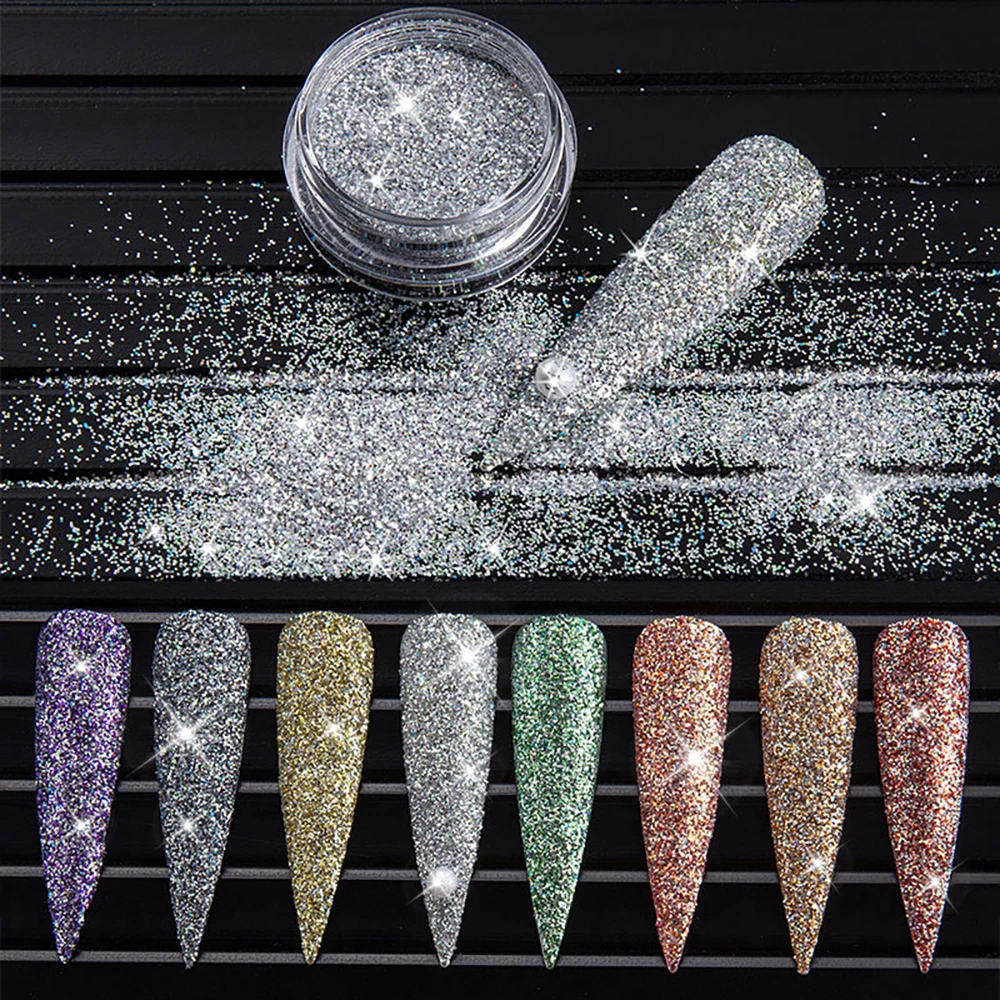 Hanyinials Reflective Micro Beads Prism Shiny Diamond Powder Chrome Nail Diamond Flash Glitter Sequin Dipping Powder