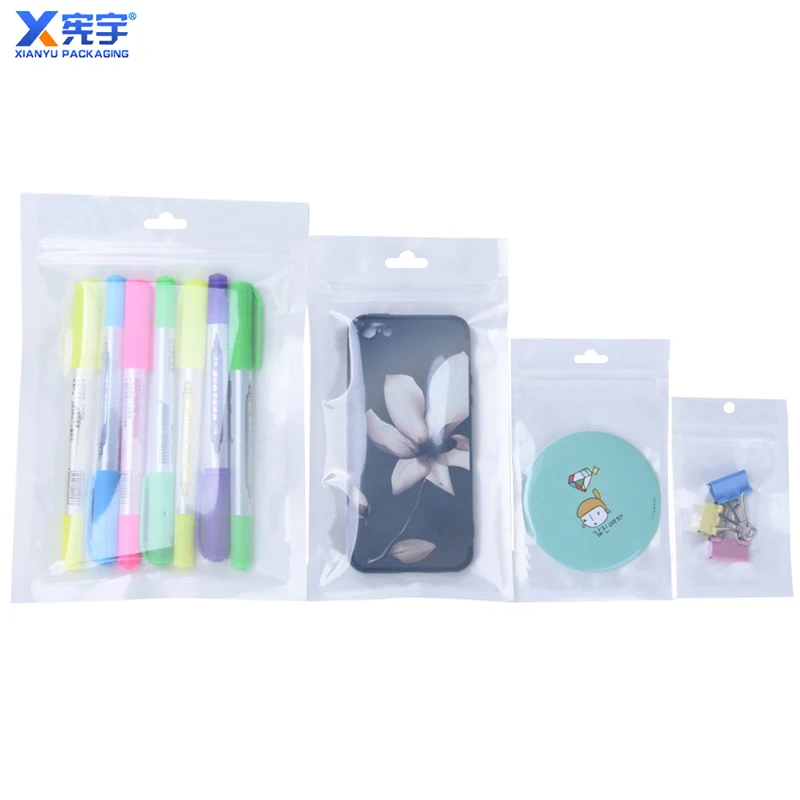 White transparent self sealing zipper plastic bag polyester film storage bag with holes suitable for mobile phone USB data cable
