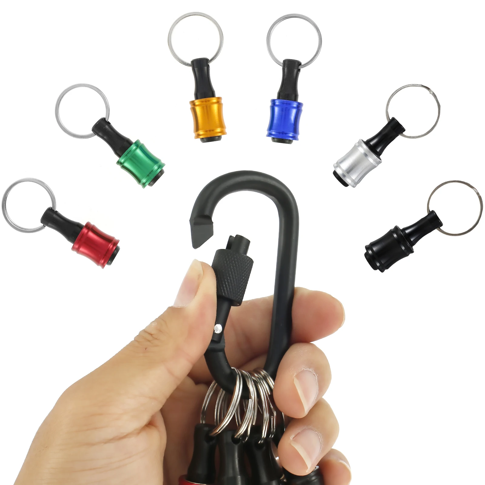 6PC 1/4 inch bit holder sets Hex Shank Aluminum Alloy Screwdriver Bit Holder Quick-Change Extension Keychain Screw Carabiner