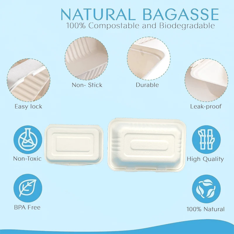 OBM ODM Eco Clamshell Take Away Sugarcane Bagasse 100% Biodegradable Food Packaging Containers