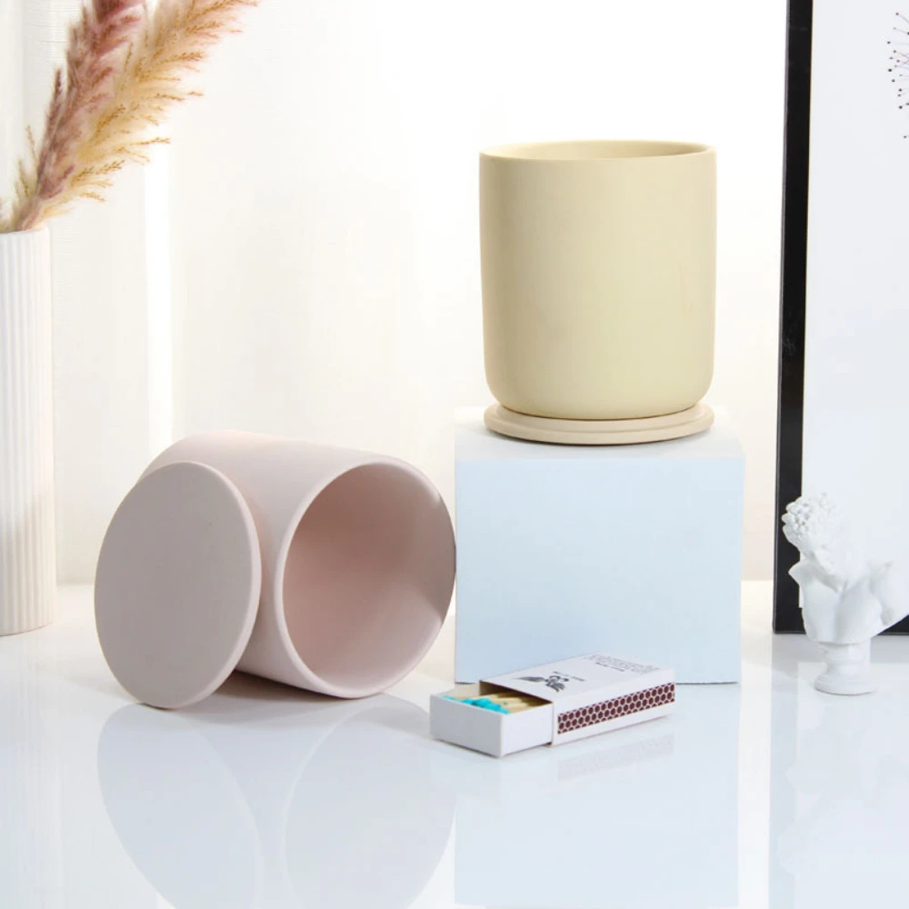 Cylinder Ceramics Candle Jar with Lid Tea Cup Candle Holder Scent for Candle Making Candy Storage Multi Candlestick Container