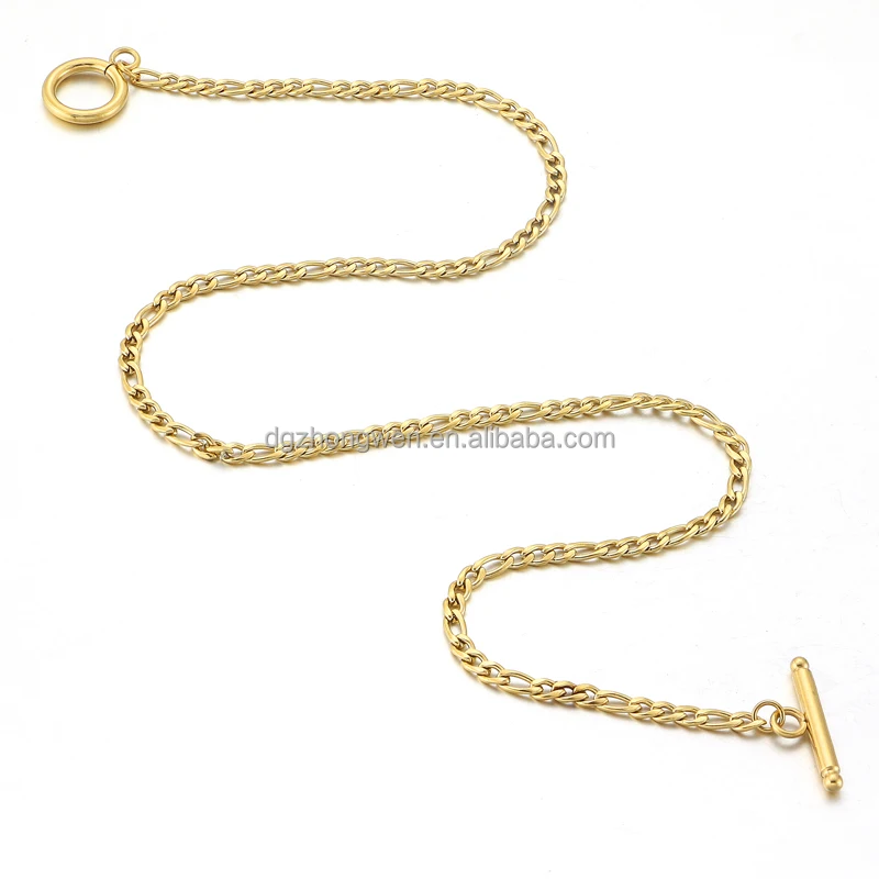 Zhongwen Toggle Bar Design  Fashion Jewelry  Stainless Steel 18K  Gold Figaro Chain Necklace