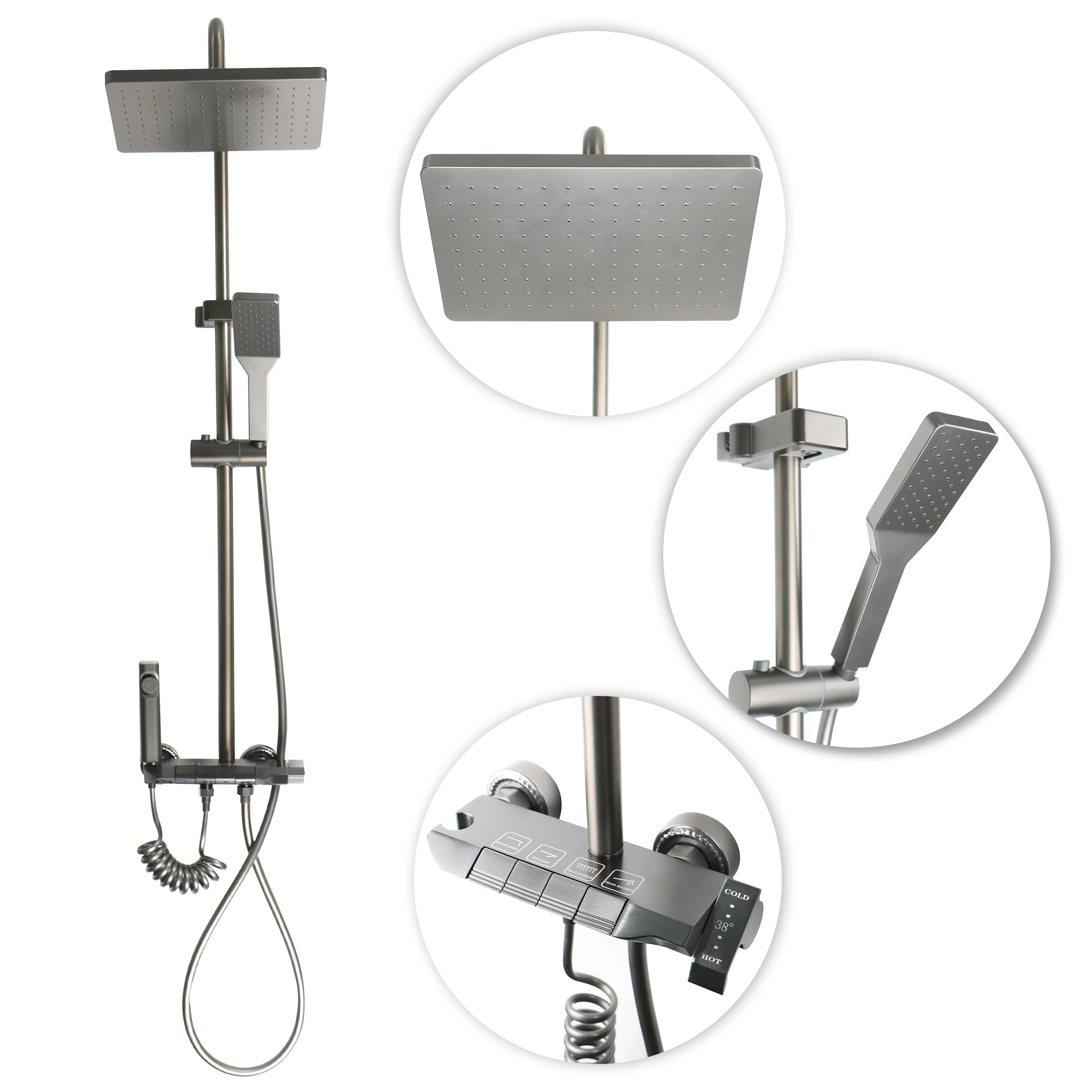 Factory Gun Grey Piano Button Shower Set Waterfall Device Piano Faucet Big Platform Thermostat Shower Set Piano Shower Set