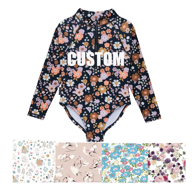 Free Sample Color Fruit Flower Printing Long Sleeve Kids Swimwear Front Zip Child Swimsuit Rash Guard Kids Swimwear Swim Suit