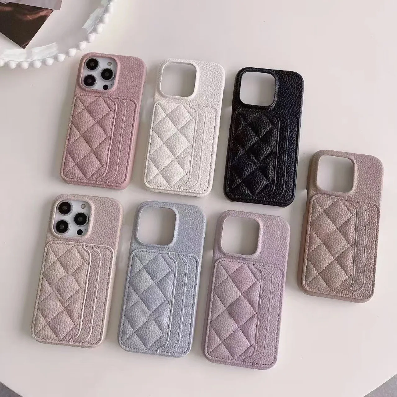 Hot Sale Diamond Check Phone Shell Dual Card Holder Bag Fashion Phone Case with Card Slot for iPhone 15 Plus 14 Pro Max 13 12 11