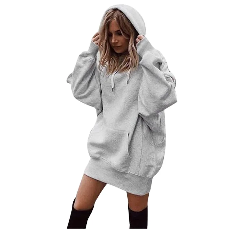 Fashion Women Hoodie Dresses 100% cotton French terry plain sweatshirt oversized long sleeve dress hoodies dress with pockets