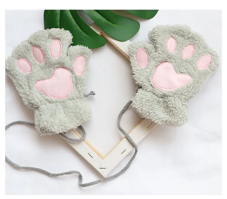 2021 Fashion Ladies  Winter Cute Mitten Soft Half Finger Gloves Warm Paw Cat Claw Plush Fingerless Gloves