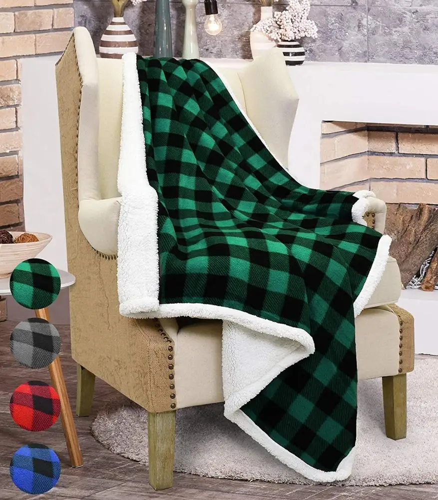 Christmas Sherpa Plaid Printed Super Soft Custom Plush Sherpa Fleece Throw Blanket for Sofa Bed