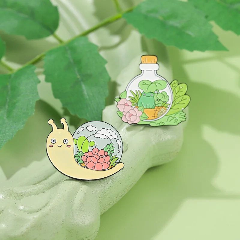New cartoon cute little animal enamel pin plant flower snail green alloy brooch in stock clothing decoration pins