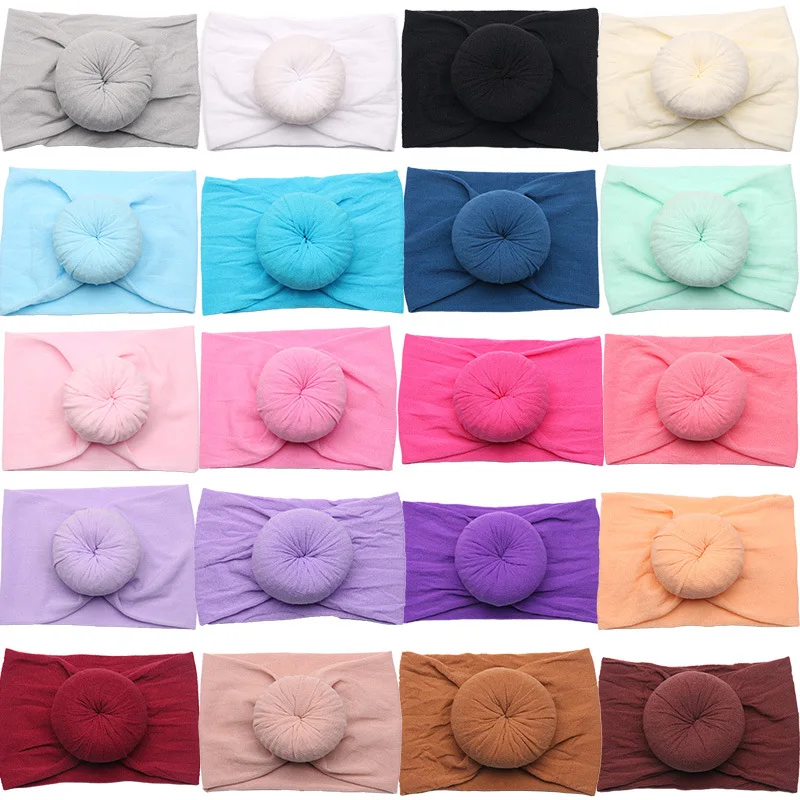 Faddish boutique newborn knot head bow wrap soft elastic doughnut nylon kids hair band for baby girls