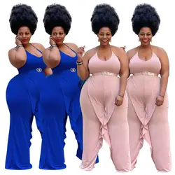 Clothes Vendor Solid Color Halter Ruffles Wide Leg Rompers Women Summer 2021 Plus Size Casual Pants Jumpsuits