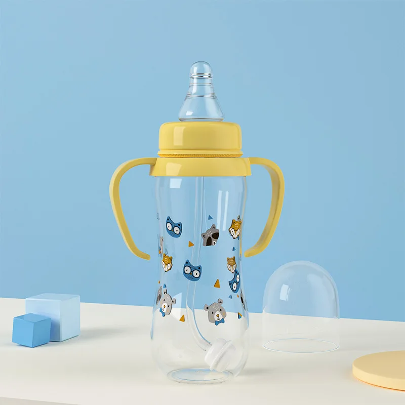 Standard food grade PP baby bottle newborn bottle set bisphenol a free straw nipple bottle with handle