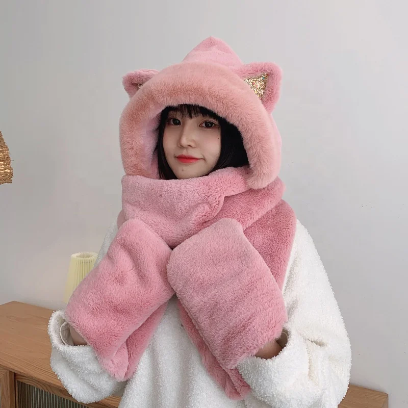 Wholesale 3 in 1 Warm Woman Plush Fluffy Cartoon Winter Hats Scarf Mitten Gloves with Pockets Hoodie Hat Long Wraps