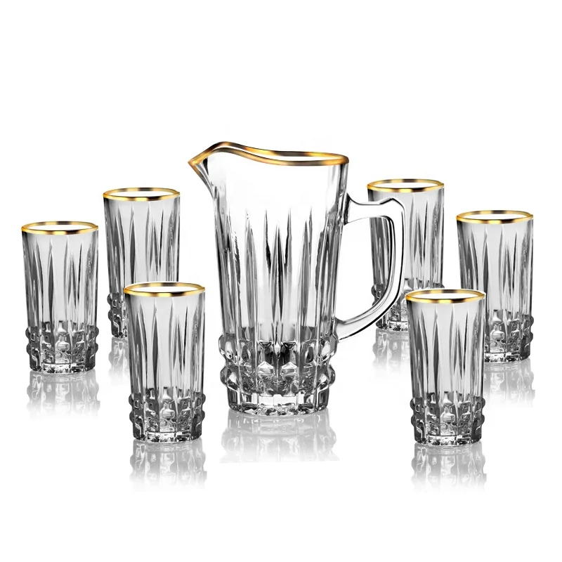 Factory popular high end curved water juice drinking chess set 7pcs glass jug set with gold rim pitcher drinking glass set