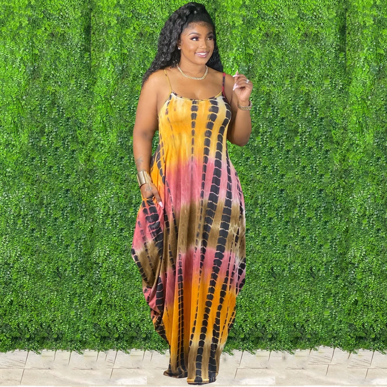 
KX-9305 New season 2021 summer speghetti strap tie dye maxi dress clothing women print casual dresses 