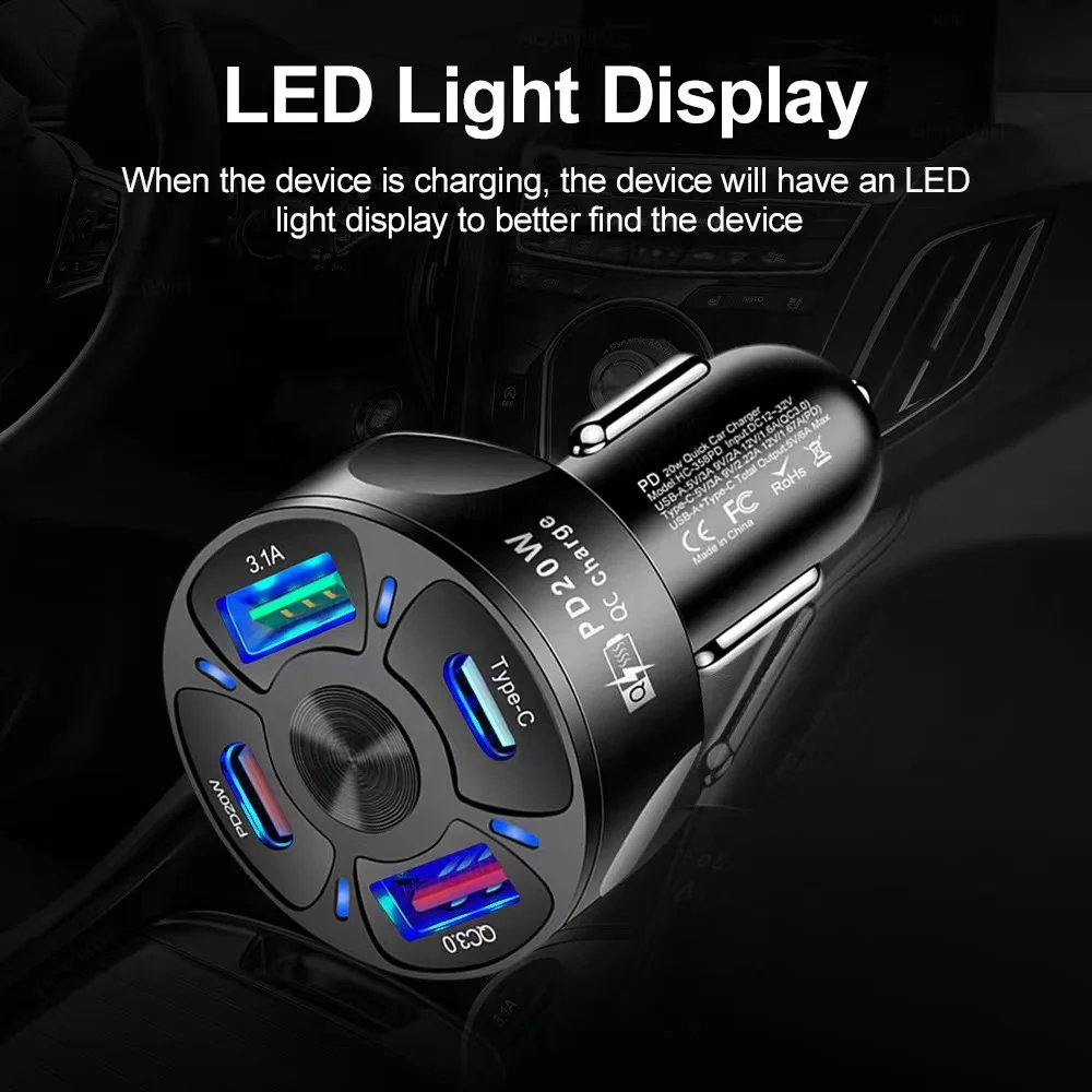 4 Ports 20W USB-C PD+QC 3.0 3.1A 2 USB+Type-c Fast Car Charger for iPhone/Samsung