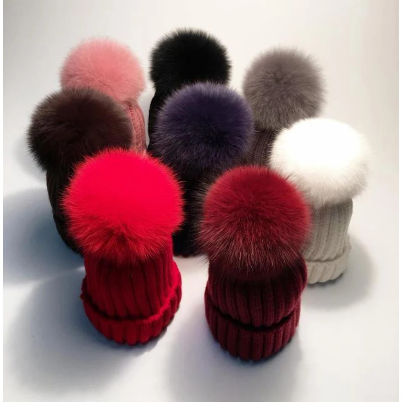 
Fashion Fur balls For Hat Warm Winter Knitted Women Beanie Hat With Fur Fox Fur Balls Pom Pom Hats 