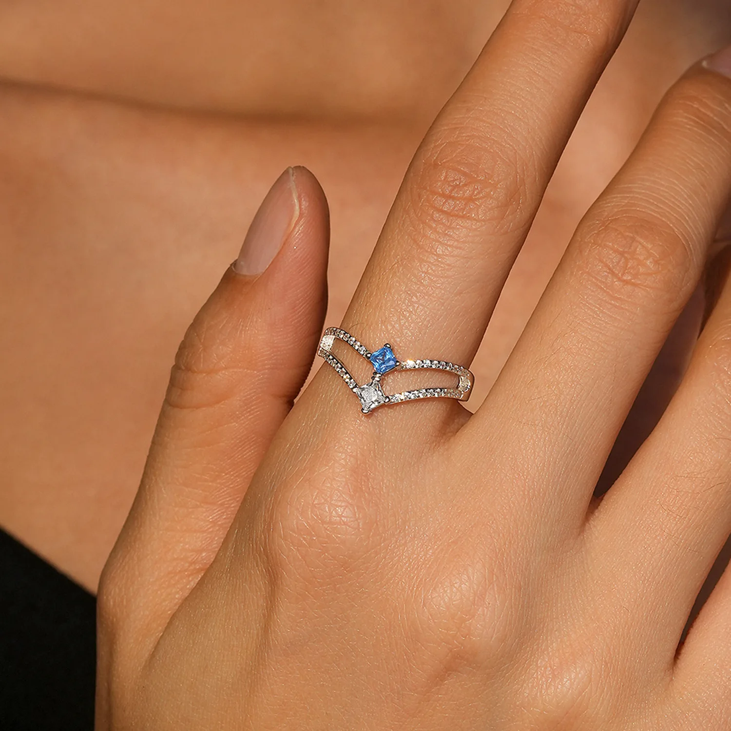 Fashion cold style sea blue glacier water drop double layer rings 925 sterling silver V-shaped crown ring