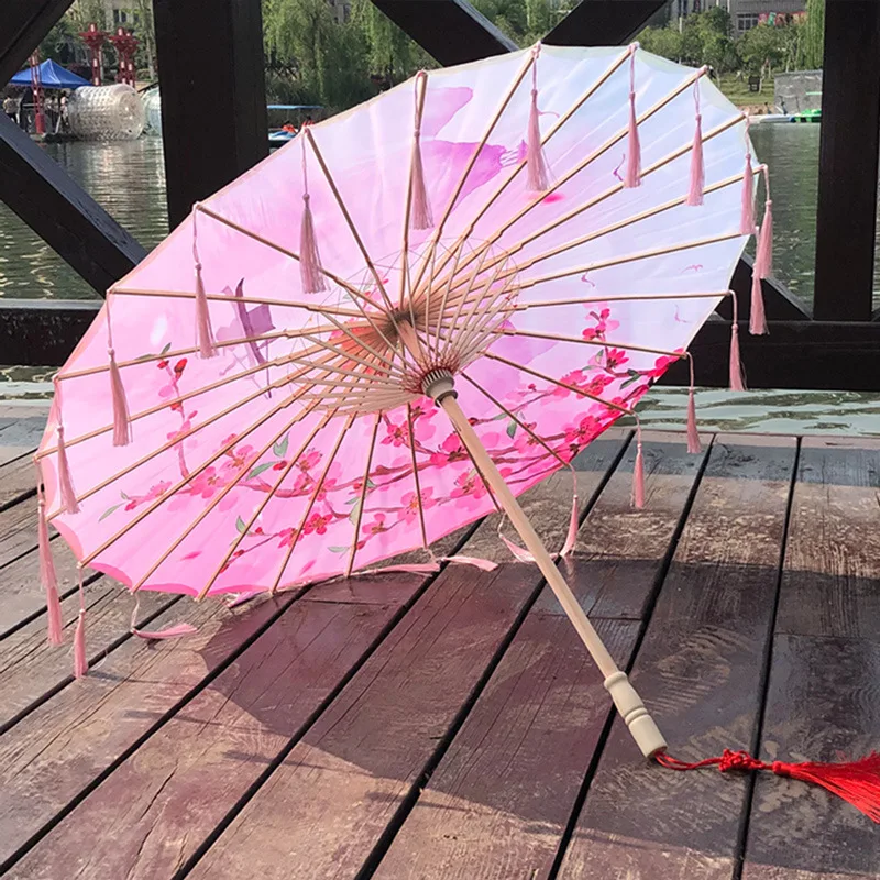Wholesale Chinese Traditional Romantic Oil Paper Umbrella With Tassels Cherry Blossom Parasols
