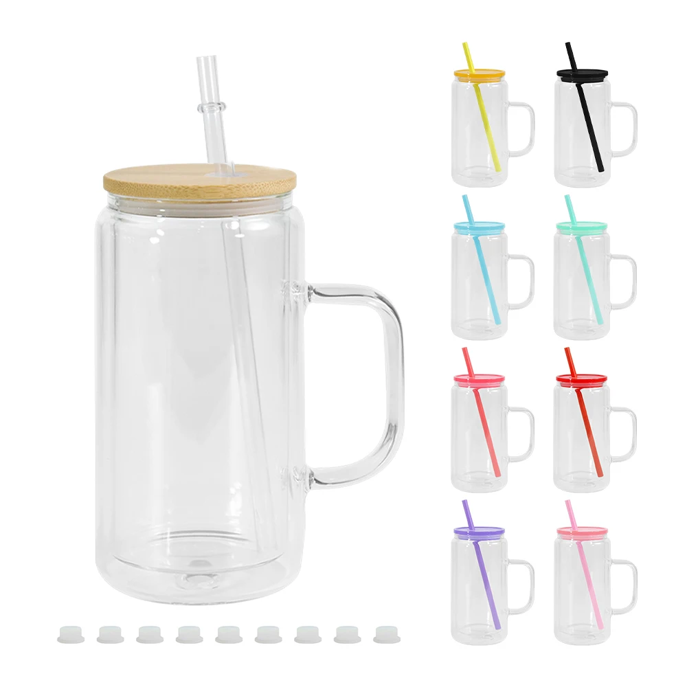 New Arrival Sublimation Blanks Double Wall Glass Tumbler 16oz Clear Glass Can Snow Globe mug with Bamboo Lid and Straw