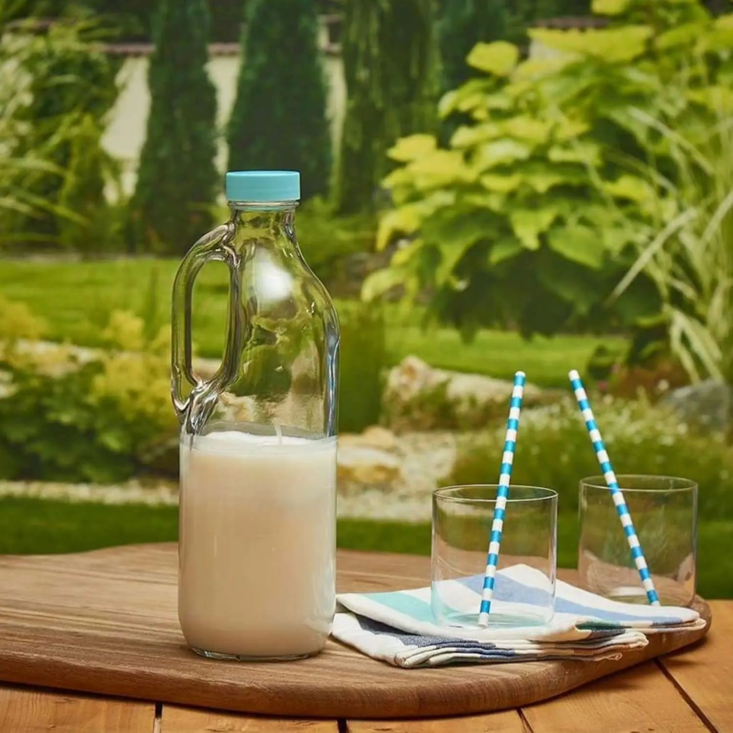 47oz Clear Glass Milk Bottles Set with Handle and Lids - Airtight milk Container for Refrigerator Jug Glass Water Pitchers Water
