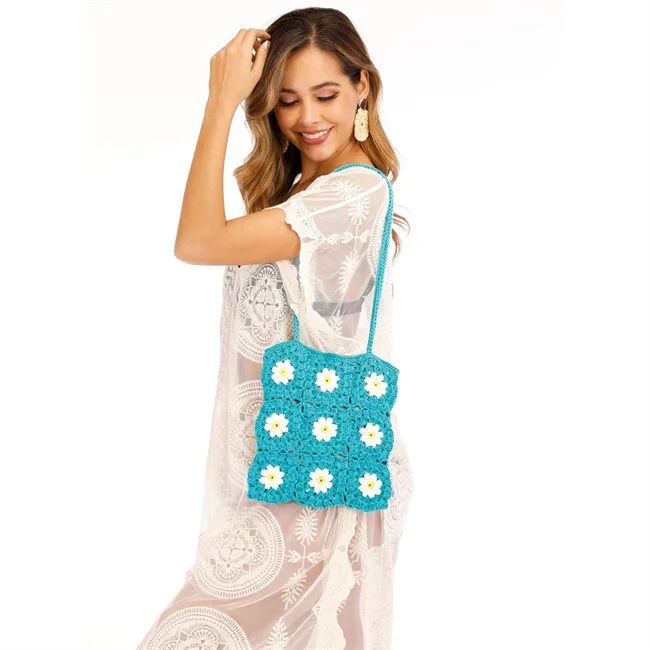 Fancy Hot Style Handmade Floral Knitting Crochet Yarn Net White Daisy Flower Pattern Tote Handbag