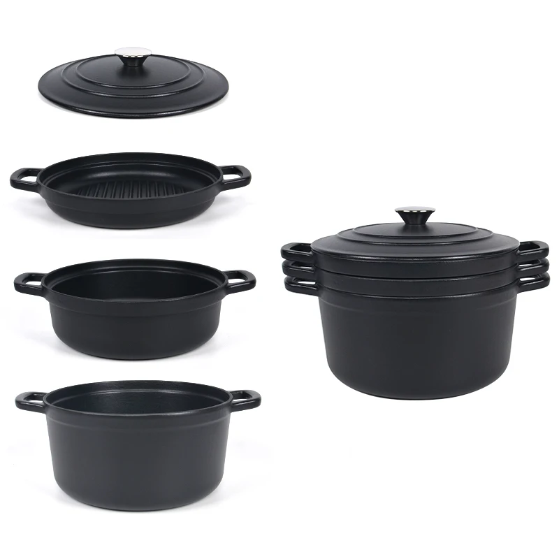 Enamel Cast Iron Casserole Covered Dutch Oven Set with Pan 4 in 1