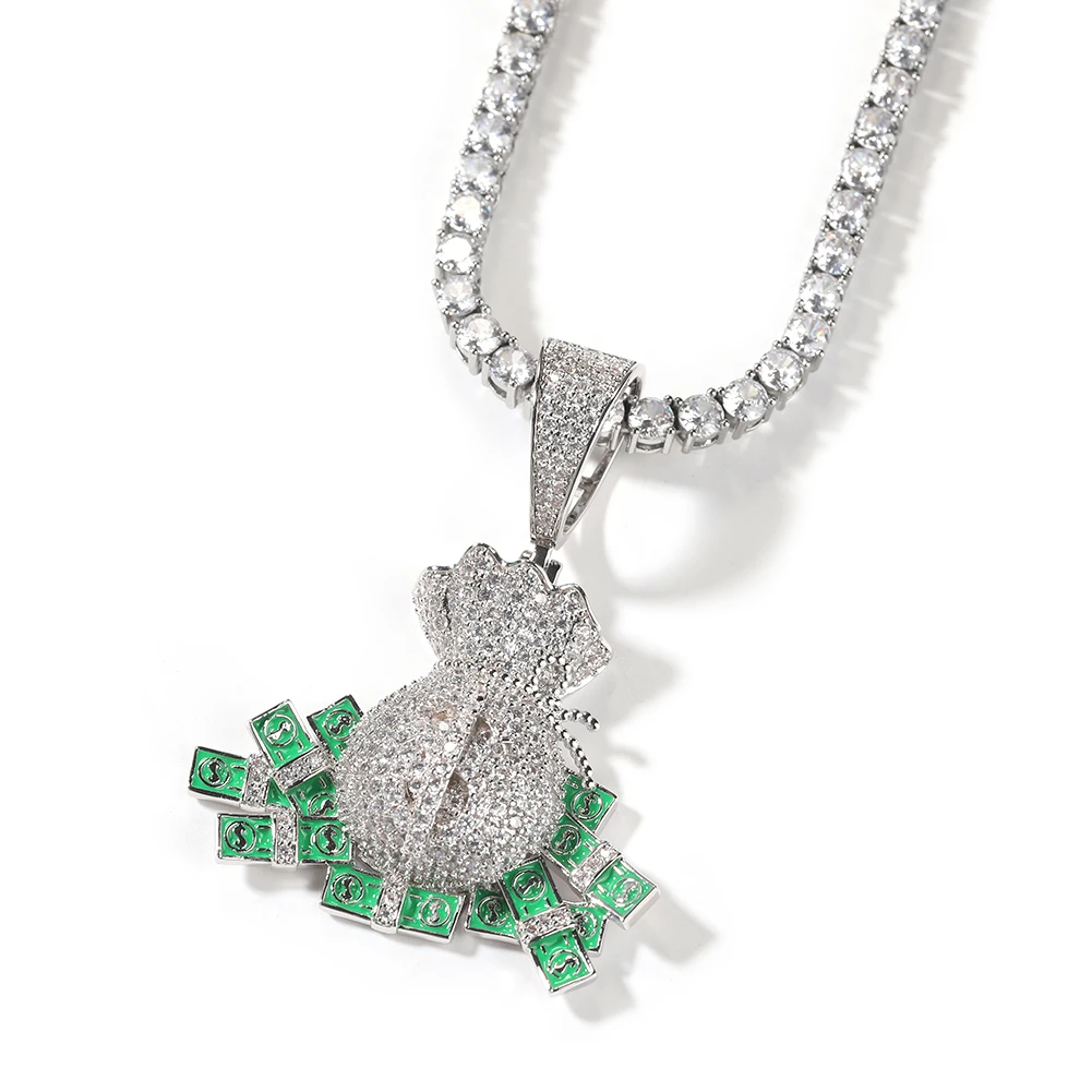 Uwin Enamel Dollar Iced Out Cubic Zirconia Money Bag Pendant Necklace Hip Hop Women Men Jewelry