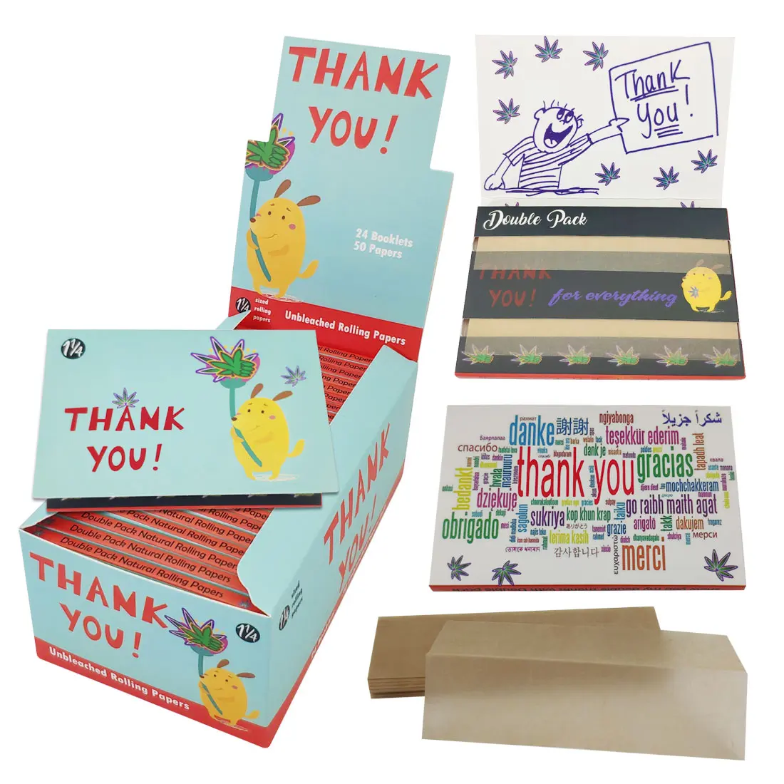 Custom Logo HP110 Thank You 1 1/4 size Double Window Unbleached Brown Smoking  Rolling Papers