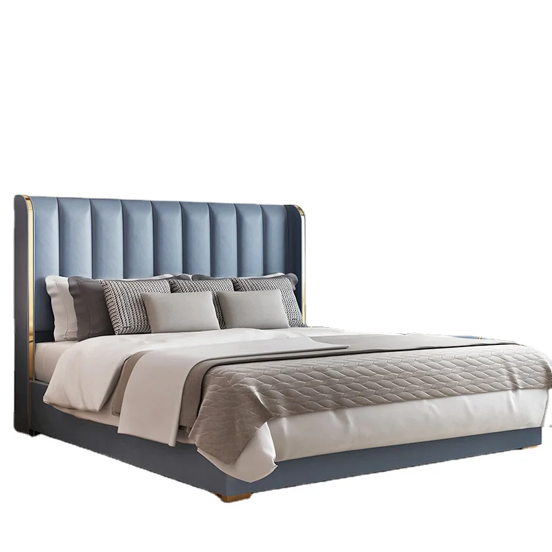 Modern Italian Luxury Cow Leather King Size Bed With Storage Bedding Set