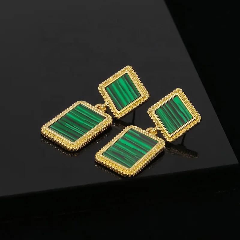 Выполненный на заказ из натуральной драгоценный камень 18k золото Малахитовый Натуральный Камень Висячие серьги, модное ювелирное изделие, серьги-гвоздики
