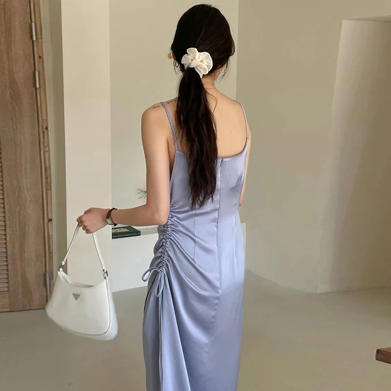 Wholesale 2023 Korean Summer French Elegant Square Neck Pleated Drawstring Lace Up Bowknot Pearly Blue Strap Dress