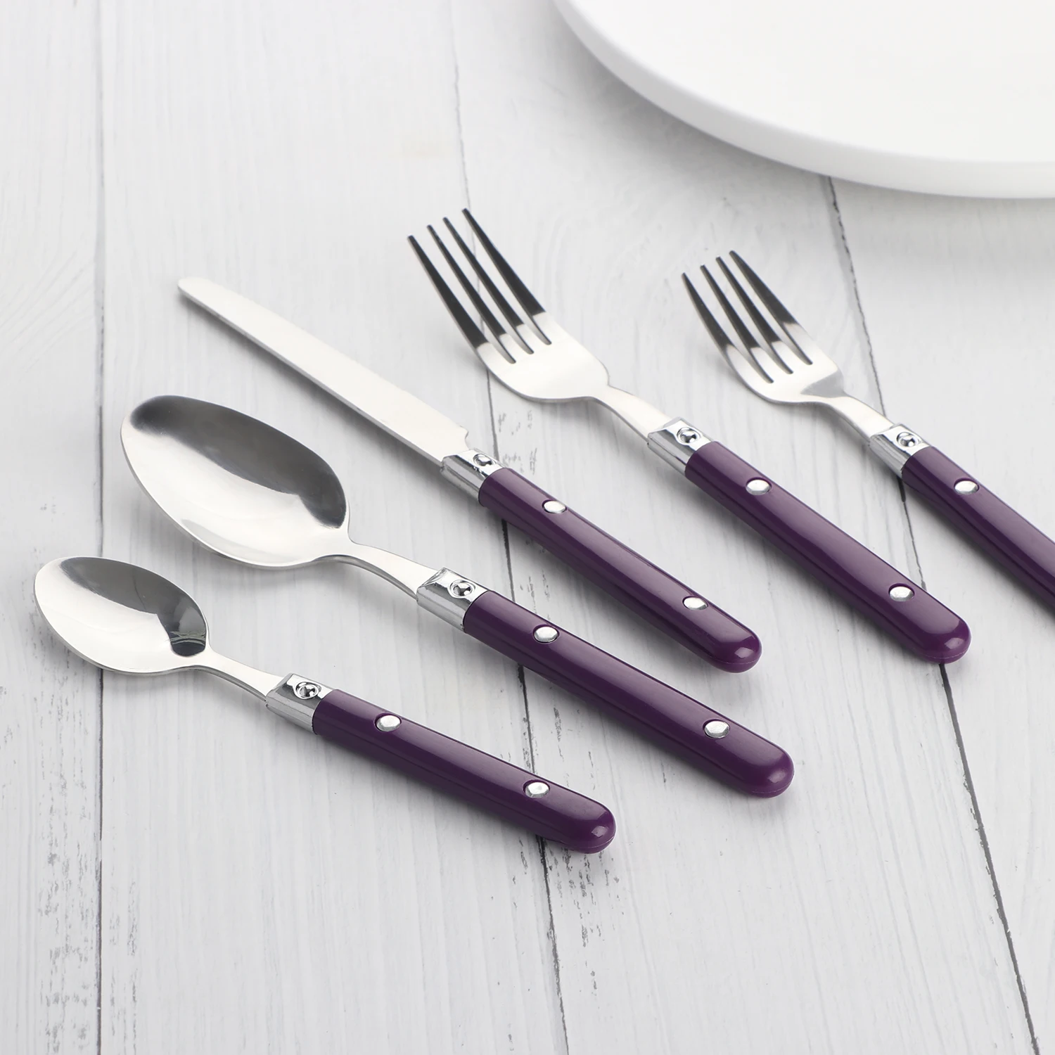 Stainless Steel Plastic Handle Cutlery Set 430 Purple Handle Flatware Forks And Spoons 20 Pcs Silverware Set
