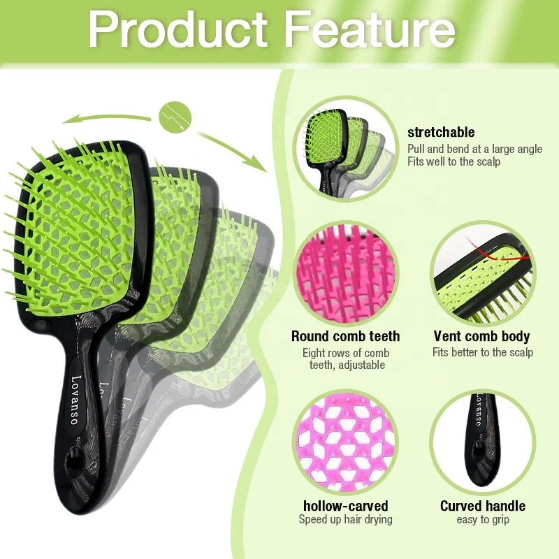 HEYAMO Heart Square Hollow Detangling Vent Brush Massage Comb Deman Custom Logo Curved Wave Brush Maze Hair Brush For Hair Dryer