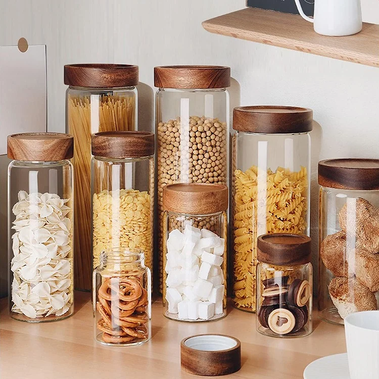 Thread Type Borosilicate Glass Storage Jars With Airtight Acacia Wooden Lid