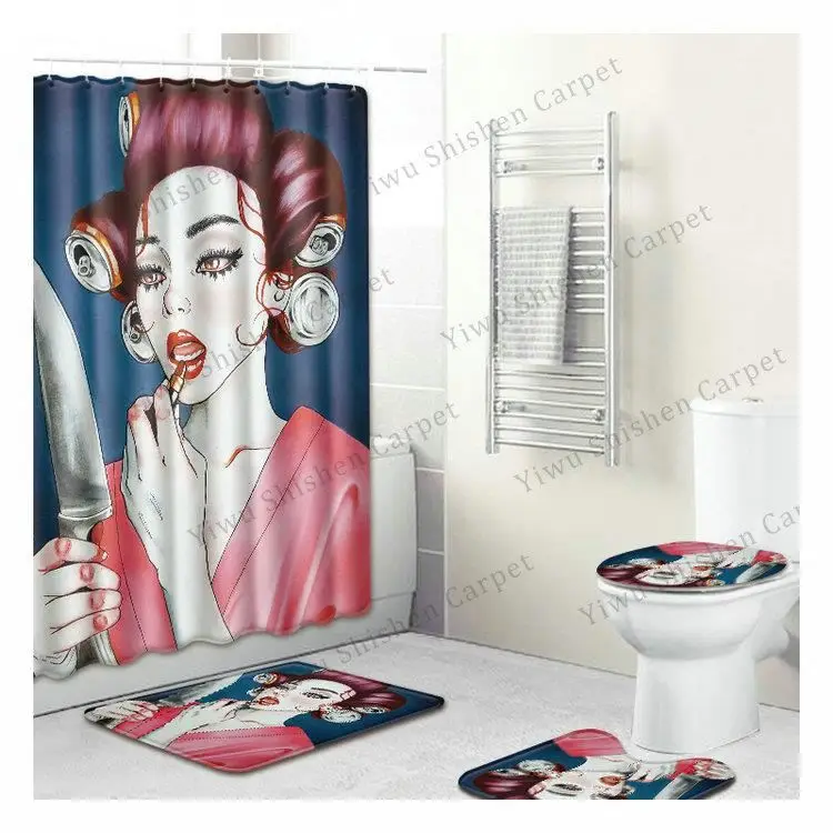 High quality Waterproof polyester fabric 4 pieces bathroom custom romantic digital printed shower curtain