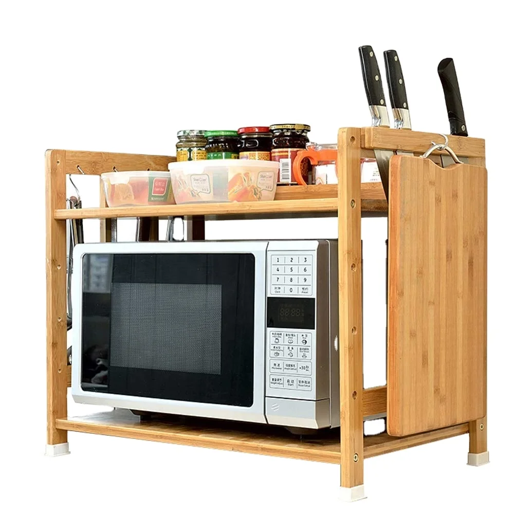 2 Tier Bamboo Microwave Oven Rack Rice Cooker Holder Storage Rack