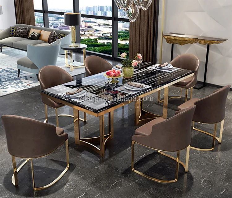 Modern Dining Table Set Marble Top Stainless Steel Luxury Rectangular Dining Table Set 4 6 8 Seater Dining Room Furniture