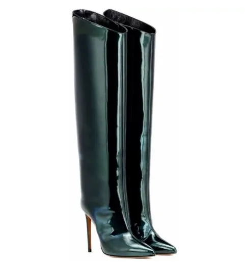 New Fashion Design Fall Stiletto Patent Leather Silver Gold Women Boots Side Zipper Thigh Tall Boots