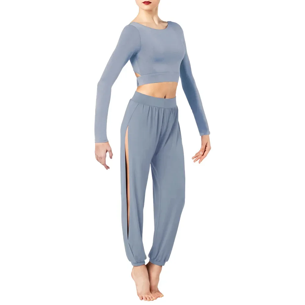MiDee Matt Nylon/Cotton Dance Wear Contemporary Costume 2 Piece Dance Outfit Long Sleeves Crop Top & Split Pants for Women Girls