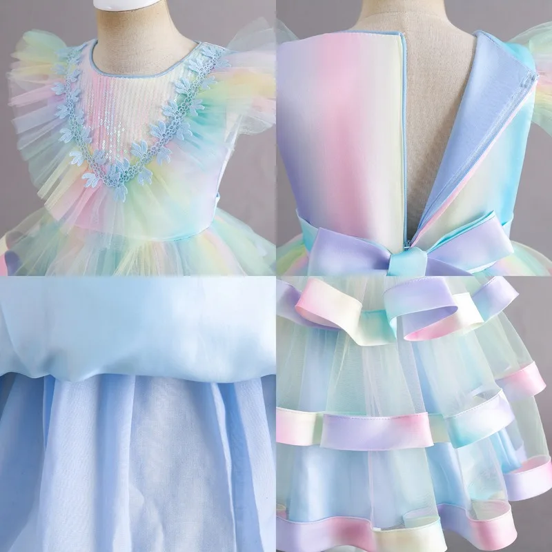 2024 Summer new rainbow sequin decoration sleeveless dress with round neck flying  zipper fluffy party performance evening dress