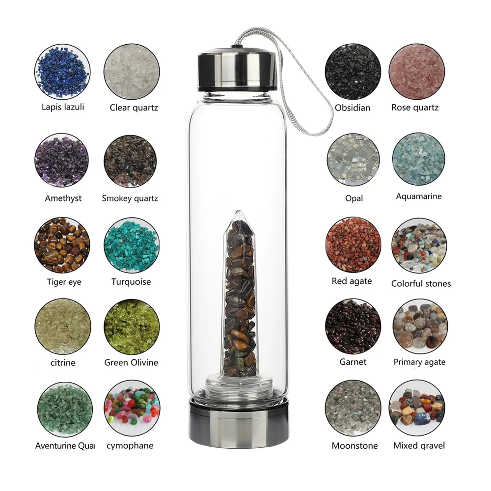 Wholesale Gemstone Custom Durable Glass Stainless Steel Bamboo Crystal Energy Water Bottle With Quartz