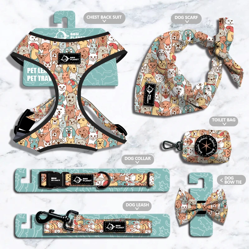 2021 Adjustable Dog Accessories Sublimation Dog Harness Set Custom Personalized Neoprene Pet Dog Chest Harness Collar and Leash