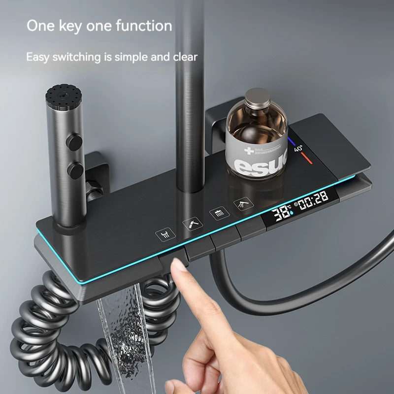 Adjustable Square Thermostatic Bathroom LED Light Shower Piano Key Mixer Set System Faucet Shower Set