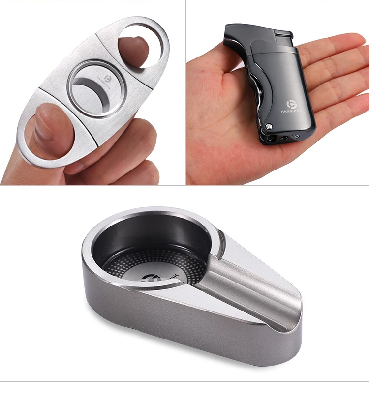 Custom LOGO Cigar Lighter Cutter Ashtray 3-Pieces Gift Box Cigar Set Gift Cigar Accessories In Stock